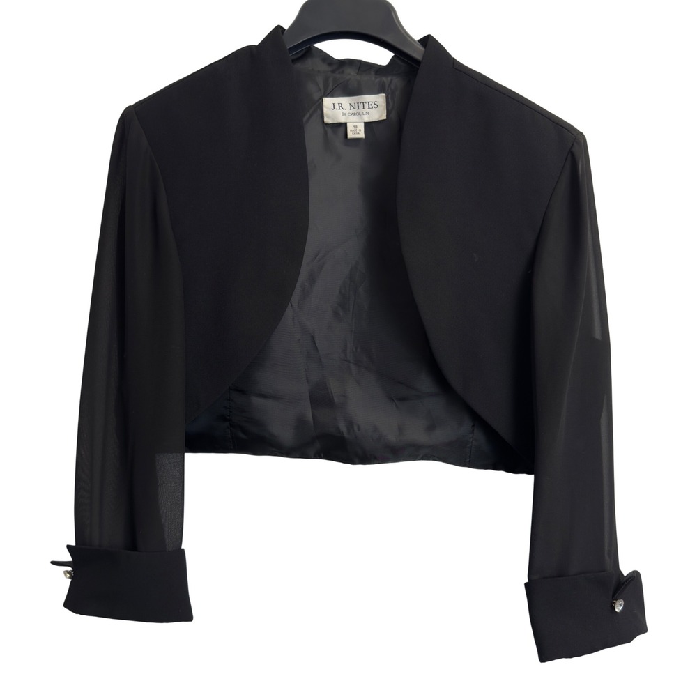J.R. Nites Carol Lin Black Cropped Bolero Shrug‎ Sheer Sleeve Rhinestone Size 18
